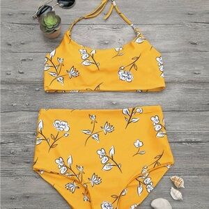 Yellow Floral High-Waist Bikini Set